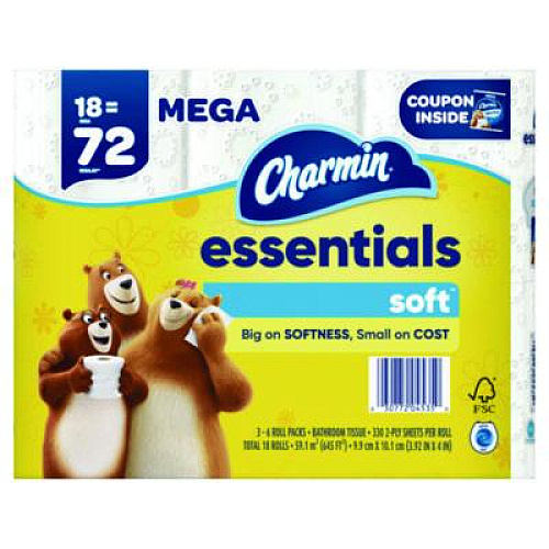 Charmin Essentials Soft Bathroom Tissue, Septic Safe, 2-Ply, White, 330 Sheets/Roll, 18 Rolls/Carton (04535)