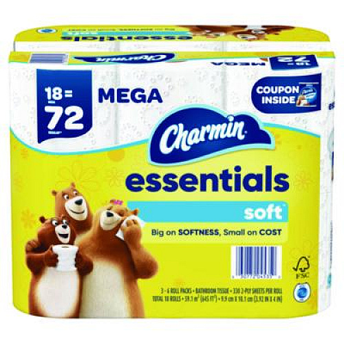 Charmin Essentials Soft Bathroom Tissue, Septic Safe, 2-Ply, White, 330 Sheets/Roll, 18 Rolls/Carton (04535)