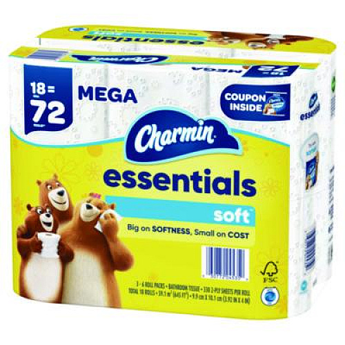 Charmin Essentials Soft Bathroom Tissue, Septic Safe, 2-Ply, White, 330 Sheets/Roll, 18 Rolls/Carton (04535)