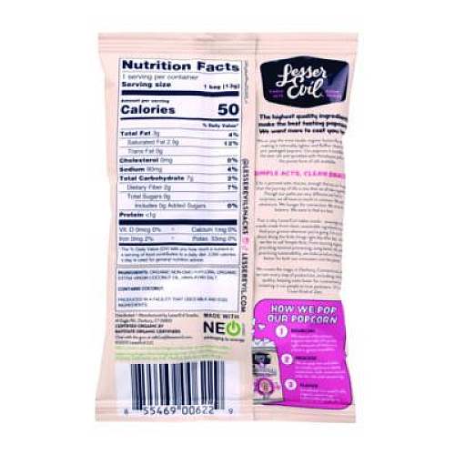 LesserEvil Himalayan Pink Salt Organic Popcorn, Salt, 0.46 oz Bag, 24/Carton (22001053)