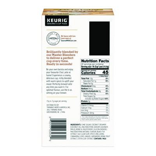 TWININGS Tea K-Cups, Chai Tea with Non-Fat Milk and Sweetener, 25% Less Sugar, 0.53 oz K-Cups, 22/Box (11007)