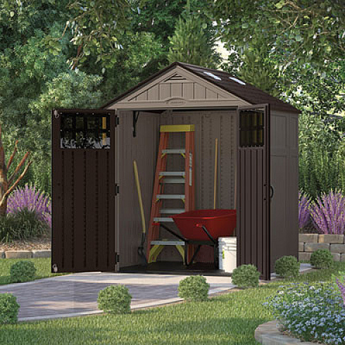 Suncast Everett Storage Shed, 201 cu ft, 6 ft 2.75" x 5 ft 5.25" x 7 ft 8.75", Dark Taupe/Black/Slate (BMS6511D)