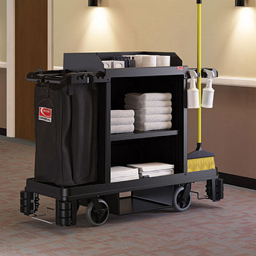 Suncast Commercial Premium Housekeeping Cart, Plastic, 1 Shelf, 24 x 62.13 x 49.75, Black (HKC2000)
