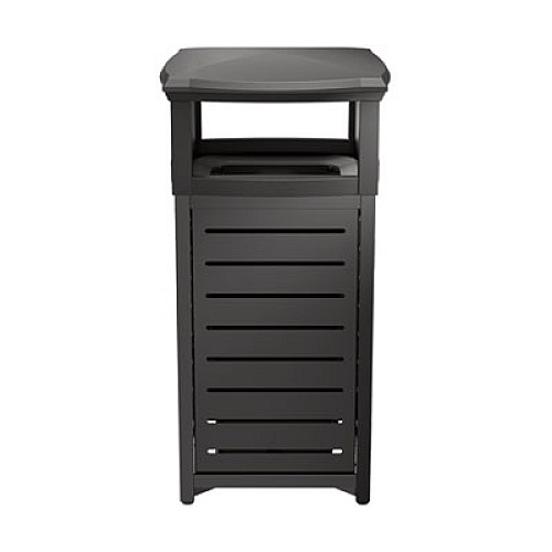 Suncast Commercial Outdoor Decorative Metal Square Trash Can with Two-Way Lid, 29 gal, Plastic, Black (MTCSQ300)