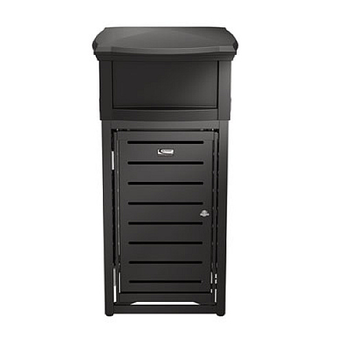 Suncast Commercial Outdoor Decorative Metal Square Trash Can with Two-Way Lid, 29 gal, Plastic, Black (MTCSQ300)