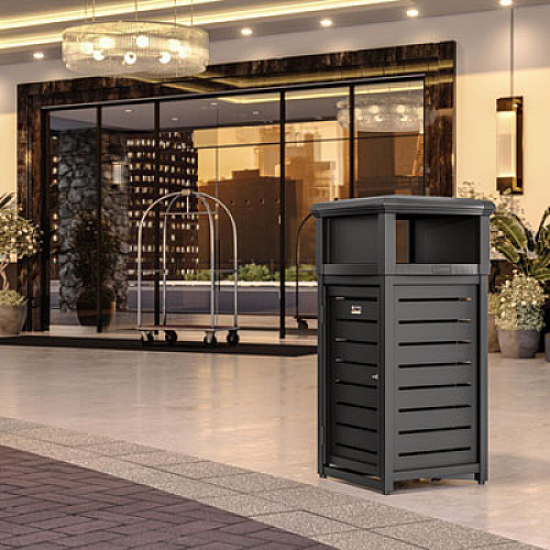 Suncast Commercial Outdoor Decorative Metal Square Trash Can with Two-Way Lid, 29 gal, Plastic, Black (MTCSQ300)