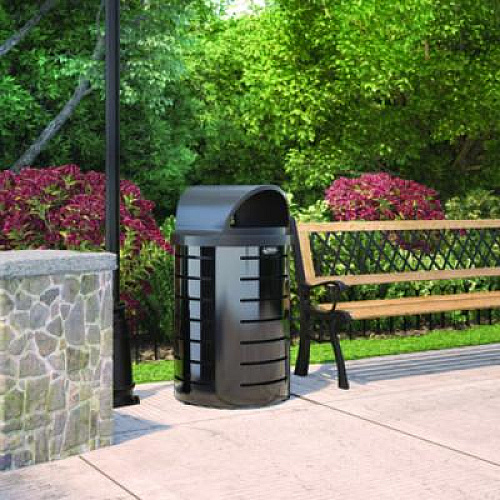 Suncast Commercial Outdoor Decorative Metal Trash Can with Roto-Molded Lid, 35.38 gal, Plastic, Black (MTCRND3501)