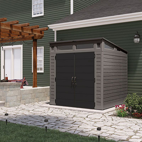Suncast Modernist Storage Shed, 317 cu ft, 7 ft 2.5" x 7 ft 3.5" x 7 ft 5.5", Stoney/Black (BMS7782D)