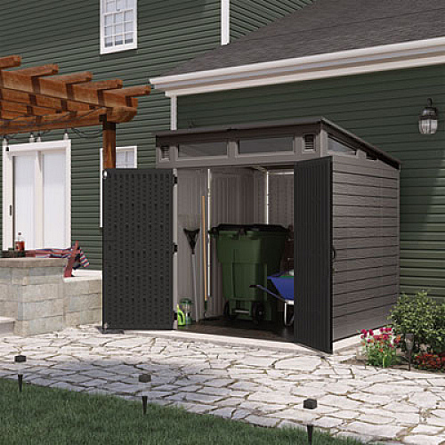 Suncast Modernist Storage Shed, 317 cu ft, 7 ft 2.5" x 7 ft 3.5" x 7 ft 5.5", Stoney/Black (BMS7782D)