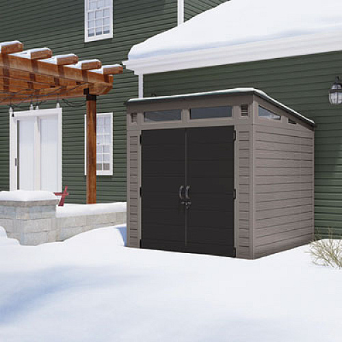 Suncast Modernist Storage Shed, 317 cu ft, 7 ft 2.5" x 7 ft 3.5" x 7 ft 5.5", Stoney/Black (BMS7782D)