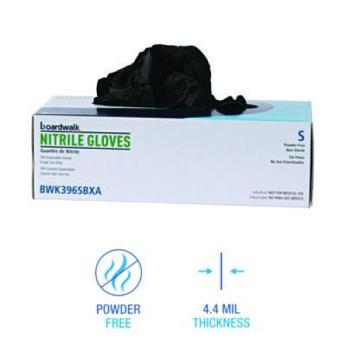 Boardwalk 396 Series Disposable General-Purpose Nitrile Gloves, Powder-Free, Small, 4.4 mil Thick, 9.5" Long, Black, 100/Box (396SBXA)