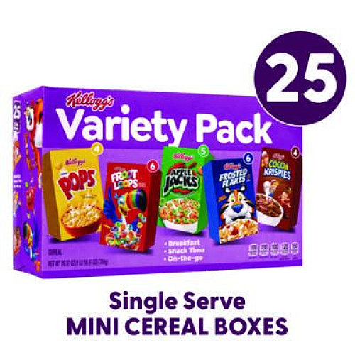 Kellogg's Cereal Assortment Pack, Assorted Flavors, Single Serve Box, 25/Carton (22002287)