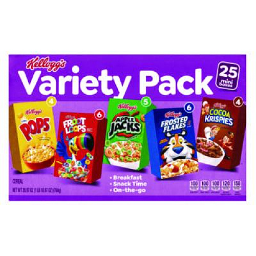 Kellogg's Cereal Assortment Pack, Assorted Flavors, Single Serve Box, 25/Carton (22002287)
