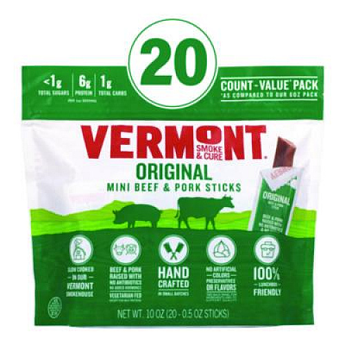 Vermont Smoke and Cure Original Flavor Mini Snack Sticks, Beef, 0.5 oz Individually Wrapped, 20/Carton (22002353)
