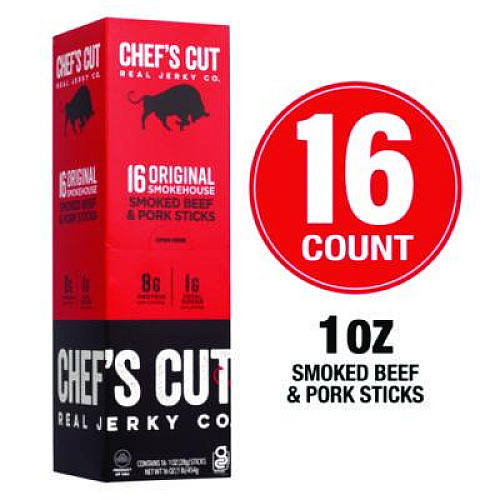 Chefs Cut Real Jerky Co Original Smokehouse Beef and Pork Meat Stick, 1 oz Individually Wrapped, 16/Carton (22002354)