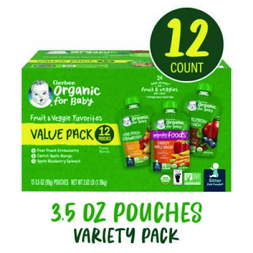 Gerber Organic 2nd Foods Baby Food Pouches, Assorted Flavors, 3.5 oz Pouch, 12/Carton (22002367)