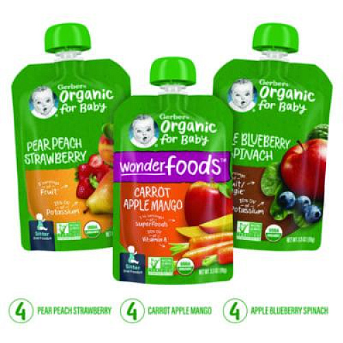 Gerber Organic 2nd Foods Baby Food Pouches, Assorted Flavors, 3.5 oz Pouch, 12/Carton (22002367)