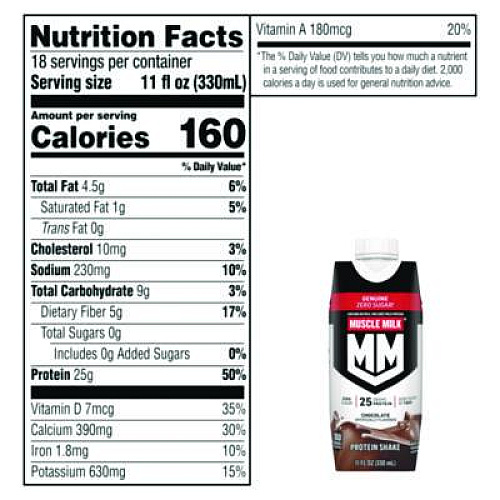 MUSCLE MILK PROTEIN Genuine Chocolate Protein Shake, 11 oz Carton, 18/Carton (22002378)