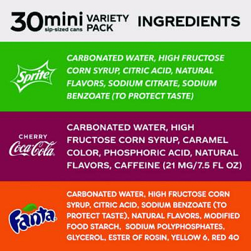 Coca-Cola Mini Cans Variety Pack, Assorted Flavors, 7.5 oz Can, 30/Carton (22002379)