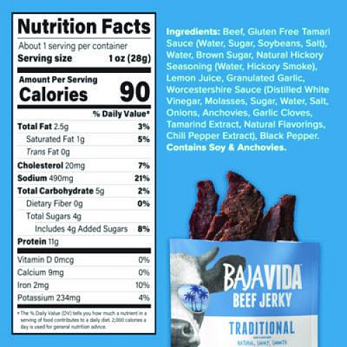 Baja Jerky Beef Jerky Traditional Snack Pack, Original, 1 oz Packet, 12/Carton (22002304)