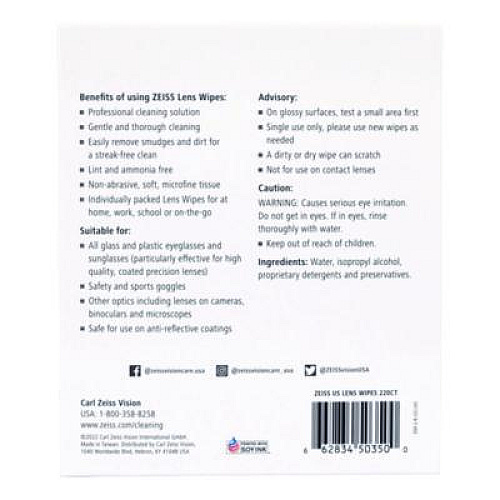 ZEISS Lens Wipes, 6 x 5, 220/Carton (22002393)
