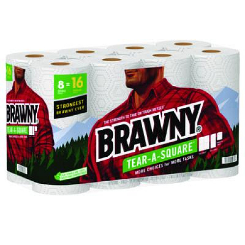 Brawny Tear-A-Square Perforated Kitchen Roll Towels, Double Roll, 2-Ply, 11" x 11", White, 120 Sheets/Roll, 8 Rolls/Pack (443665)