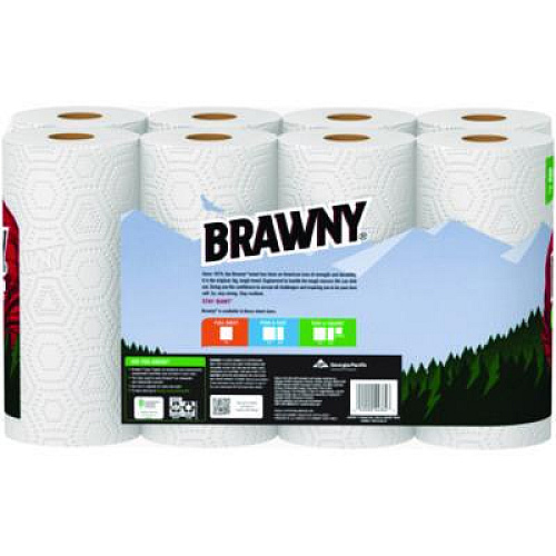 Brawny Tear-A-Square Perforated Kitchen Roll Towels, Double Roll, 2-Ply, 11" x 11", White, 120 Sheets/Roll, 8 Rolls/Pack (443665)