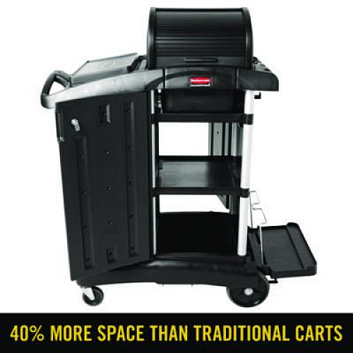 Rubbermaid Commercial Executive High Security Janitorial Cleaning Cart, Plastic, 4 Shelves, 1 Bin, 23.1" x 39.6" x 27.5", Black (1861427)