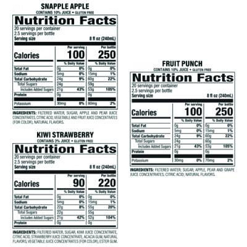 Juice Drink Variety Pack, Snapple Apple, Fruit Punch, Kiwi Strawberry, 20 oz Bottle, 24/Carton (22000813)