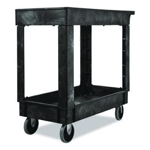 Rubbermaid Commercial Heavy-Duty Flat-Handle Maintenance/Utility Cart, Plastic, 2 Shelves, 500 lb Capacity, 34.13" x 17.38" x 32.38", Black (9T6600BLA)