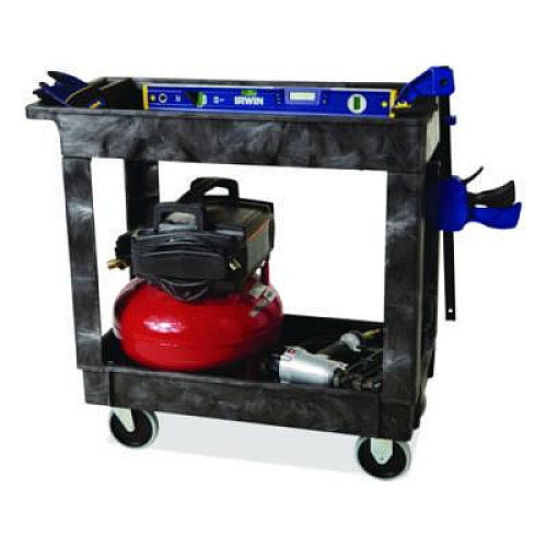 Rubbermaid Commercial Heavy-Duty Flat-Handle Maintenance/Utility Cart, Plastic, 2 Shelves, 500 lb Capacity, 34.13" x 17.38" x 32.38", Black (9T6600BLA)