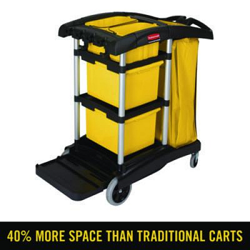 Rubbermaid Commercial HYGEN HYGEN Microfiber Healthcare Cleaning Cart, Plastic, 3 Shelves, 5 Bins, 22" x 48.25" x 44", Yellow/Black/Silver (9T73)