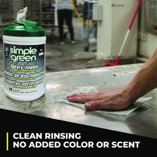 Simple Green Safety Towels, 1-Ply, 10 x 12, White, Unscented, 75/Canister (13351)