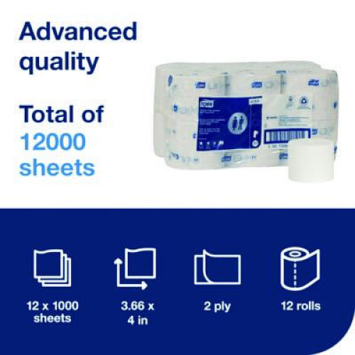 Tork Advanced Coreless High Capacity Bath Tissue, 2-Ply, White, 1,000 Sheets/Roll, 12 Rolls/Carton (472881)