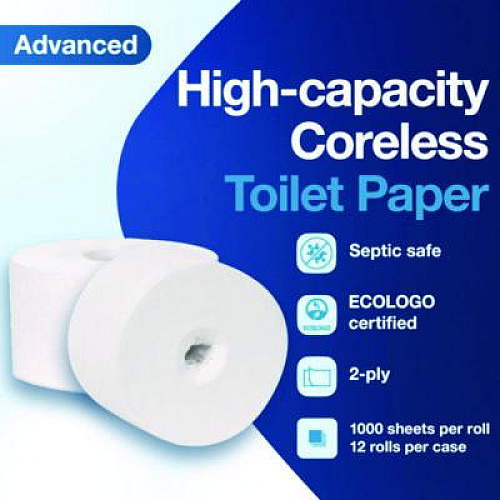 Tork Advanced Coreless High Capacity Bath Tissue, 2-Ply, White, 1,000 Sheets/Roll, 12 Rolls/Carton (472881)