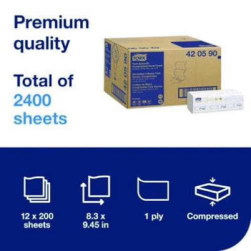 Tork Xpress Compressed Multifold Hand Towels, 1-Ply, 8.3 x 9.45, White, 200/Pack, 12 Packs/Carton (420590)