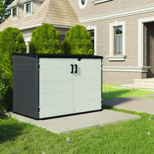 Suncast Stow-Away Horizontal Shed, 70 cu ft, 5 ft 10.5" x 3 ft 8.25" x 4 ft 4", Peppercorn/Passive/Black (BMS4780)