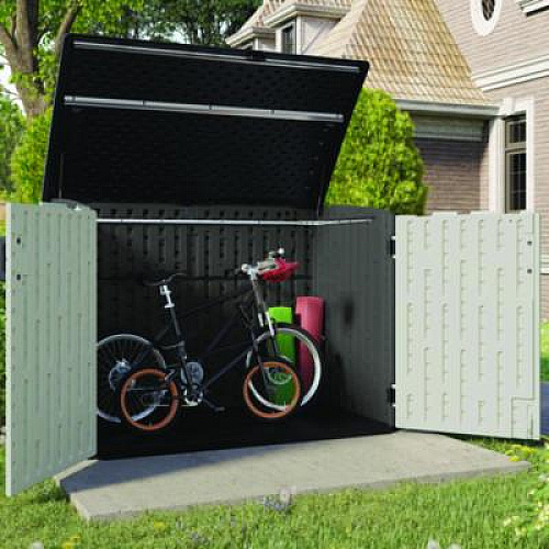 Suncast Stow-Away Horizontal Shed, 70 cu ft, 5 ft 10.5" x 3 ft 8.25" x 4 ft 4", Peppercorn/Passive/Black (BMS4780)