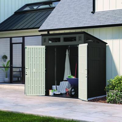Suncast Modernist Storage Shed, 200 cu ft, 6 ft 2.5" x 5 ft 8.25" x 7 ft 5.75", Peppercorn/Black/Passive (BMS6582D)