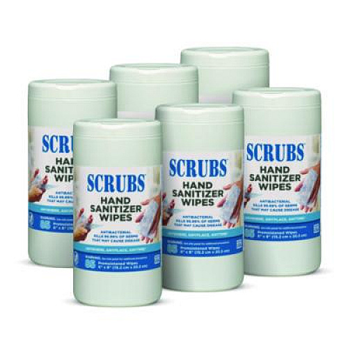SCRUBS Hand Sanitizer Wipes, 1-Ply, 6 x 8, Unscented, Blue/White, 85/Canisters, 6 Canisters/Carton (90985)