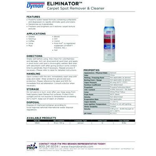 Dymon Eliminator Carpet Spot and Stain Remover, 18 oz Aerosol Spray, 12/Carton (10620)