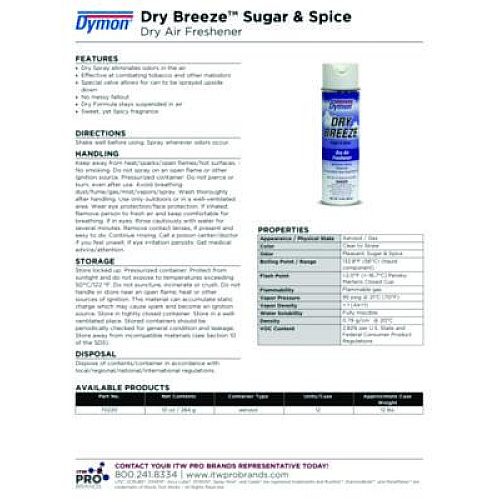 Dymon Dry Breeze Aerosol Air Freshener, Sugar and Spice, 10 oz Aerosol Spray, 12/Carton (70220)