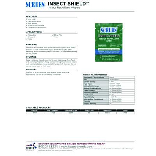 SCRUBS Insect Shield Insect Repellent Wipes, 8 x 10, 100/Carton (91401)