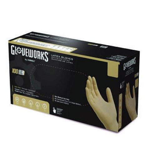 GloveWorks by AMMEX Extra Thick Latex Disposable Gloves, Powder-Free, Large, 6 mil Thick, 9.5" Long, Ivory, 100/Box, 10 Boxes/Carton (ILHD46100)
