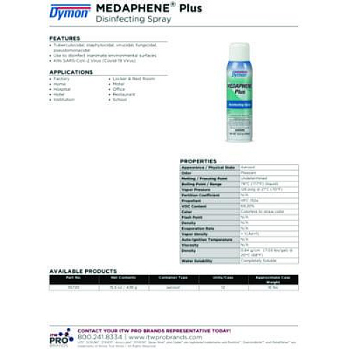 Dymon Medaphene Plus Disinfectant Spray, 15.5 oz Aerosol Spray, 12/Carton (35720)