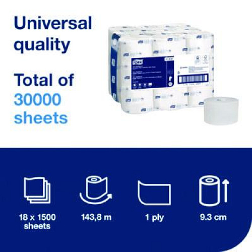 Tork OptiServe High-Capacity Coreless Toilet Paper, 2-Ply, White, 1,500 Sheets/Roll, 18 Rolls/Carton (472887)
