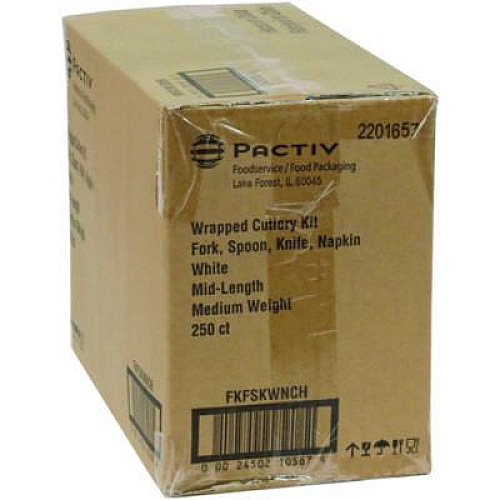 Pactiv Evergreen Fieldware Cutlery Kit, Individually Wrapped, Mediumweight, Fork/Knife/Napkin/Spoon, Plastic, White, 250/Carton (FKFSKWNCH)