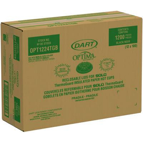 Dart Optima Reclosable Lids for Hot Paper Cups, Fits 12 oz to 24 oz Hot Cups, Plastic, Black, 1,200/Carton (OPT1224TGB)