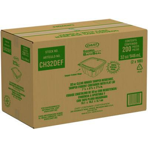Dart ClearPac SafeSeal rPET Tamper-Resistant/Evident Containers, Embossed Bottom, 32 oz, 6.37 x 7.15 x 2.58, Clear, 200/Carton (CH32DERF)
