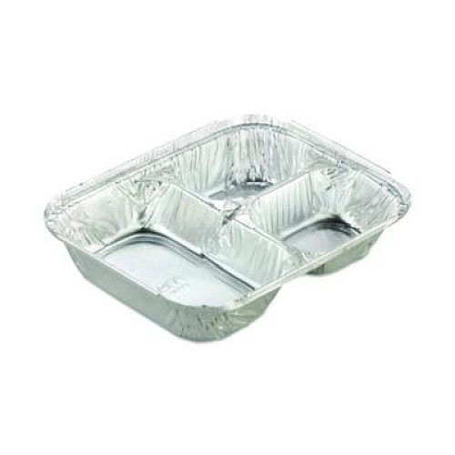 HFA Aluminum Oblong Container with Lid, 3 Compartments, 24 oz, 8.5 x 6.38 x 1.47, Silver, 500/Carton (204535)